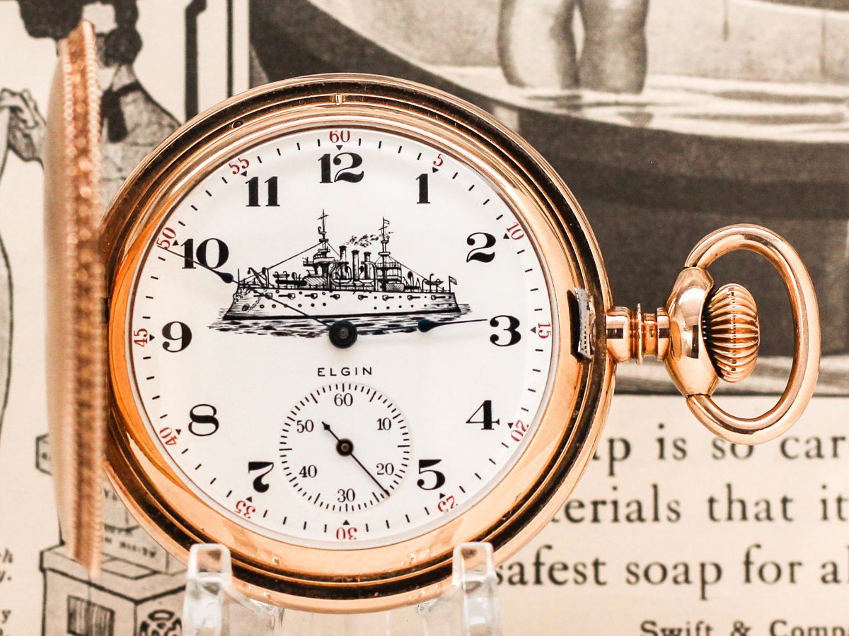 14K rose gold Elgin pocket watch commemorating the USS Maine