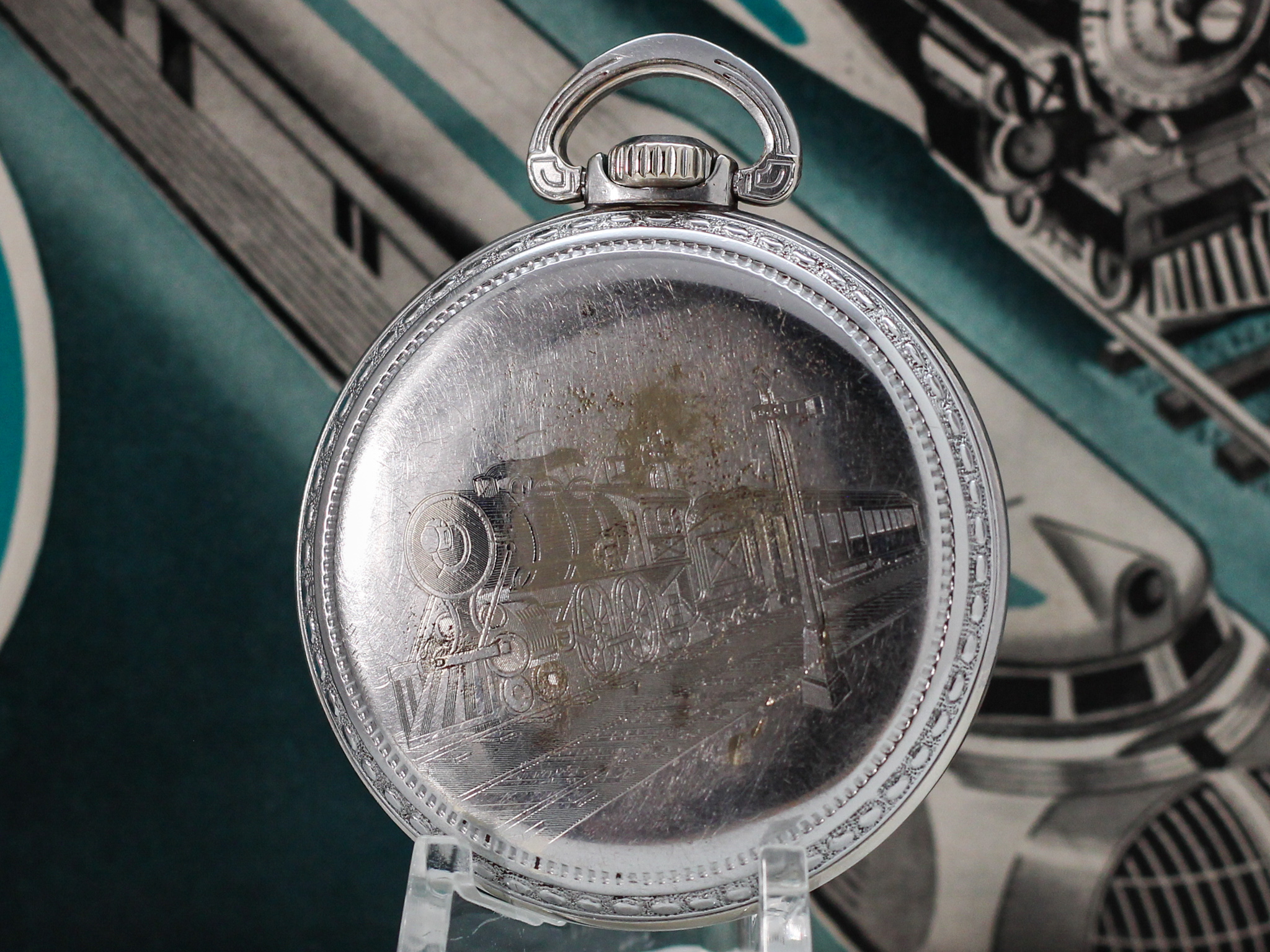 Elgin Pocket Watch Railroad Grade B.W. Raymond Housed in Train Engraved Case image 3
