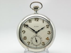 Elgin Pocket Watch Grade 291 with Beautiful Raised Gold Arabic Numerals Housed in a classic Silver Tone Case circa 1928