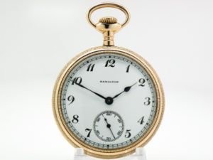 Art Deco Motif Hamilton Pocket Watch The Gentlemen’s Dress Model Grade 974 Housed in Beautifully Engraved Gold Fill Case circa 1923