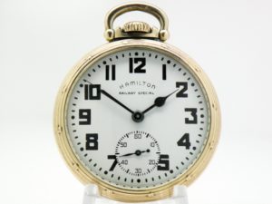 Pristine Hamilton Pocket Watch Railway Special Grade 992B Housed in a Hamilton 10K Yellow GF Model A Railroad Case circa 1955