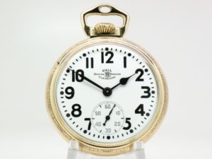 Pristine Ball Hamilton Pocket Watch Official Railroad Standard Grade 999B Housed in the Popular Stirrup Bow Case circa 1948