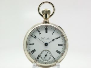 Hamilton Pocket Watch Grade 924 with Classic Roman Numerals Unusual on a Hamilton and Housed in a Glass Back Skeleton Salesman Display Case circa 1908