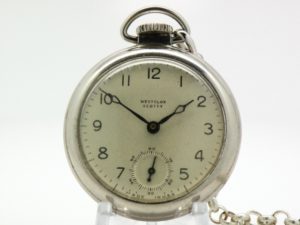 Westclox Pocket Watch Model Scotty Size 16 Measuring 2 Inches In Diameter the Most Popular of Sizes with Vintage Chain and Belt Hoop Clasp circa 1950s