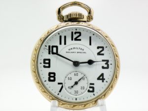 Pristine Hamilton Railway Special Pocket Watch Grade 992B Housed in a 14K Yellow Gold Fill Hamilton Model 11 Railroad Case in a circa 1950