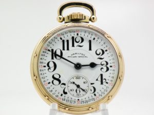 Hamilton Pocket Watch Railway Special Grade 992B Housed in a Hamilton 10K Yellow GF Model A Case circa 1949