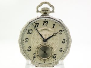 Pristine Illinois Dress Pocket Watch Rare High Grade 407 with Gold Screws Housed in a Stellar Two Tone Tetradecagon Gold Fill Case circa 1926