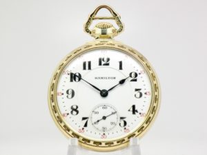 Pristine Hamilton Pocket Watch Railroad Grade 992 Housed in the Elusive 14K Green Gold Fill Wadsworth Cross Bar Case circa 1924