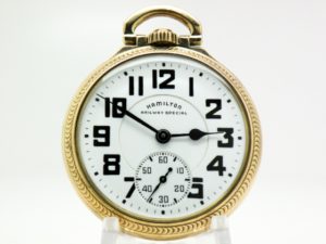 Pristine Hamilton Pocket Watch Railroad Grade 992B Railway Special Housed in the Popular Model 16 Yellow Gold Fill Case circa 1951