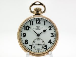 Pristine Ball Hamilton Pocket Watch Railroad Model 999P Size16 Housed in a Beautiful Patented Wadsworth Ball Stirrup Bow Case circa 1927