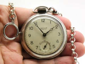Westclox Pocket Watch Model Scotty Size 16 Measuring 2 Inches In Diameter the Most Popular of Sizes with Vintage Chain and Belt Hoop Clasp circa 1950s