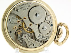 Pristine Hamilton Railway Special Pocket Watch Grade 992B Housed in a 14K Yellow Gold Fill Hamilton Model 11 Railroad Case in a circa 1950