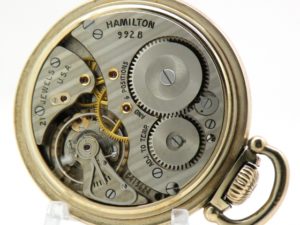 Pristine Hamilton Pocket Watch Railway Special Grade 992B Housed in a Hamilton 10K Yellow GF Model A Railroad Case circa 1955