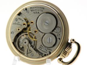 Hamilton Pocket Watch Railway Special Grade 992B Housed in a Hamilton 10K Yellow GF Model A Case circa 1949