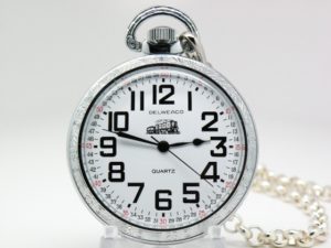 Classic Railroad Style Gentlemen’s Pocket Watch with Train Engraved and Matching Chain and Belt Hoop Clasp