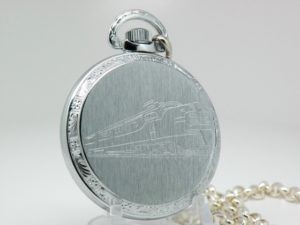 Classic Railroad Style Gentlemen’s Pocket Watch with Train Engraved and Matching Chain and Belt Hoop Clasp