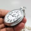 Classic Railroad Style Gentlemen’s Pocket Watch with Train Engraved and Matching Chain and Belt Hoop Clasp