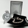 Classic Railroad Style Gentlemen’s Pocket Watch with Train Engraved and Matching Chain and Belt Hoop Clasp