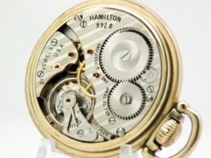 Pristine Hamilton Pocket Watch Railroad Grade 992B with Pristine Boxcar Dial and Housed in the Popular Hamilton Model A Gold Fill Case circa 1955