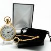 Westclox Pocket Watch The Conductor with Train Engraved on Back with Chain with Belt Hoop Clasp and Display Stand Included circa 1970s