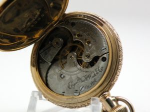Lady’s Antique Elgin Pocket or Pendant Watch Size 6 Housed in a Beautifully Engraved Yellow Gold Fill Hunter Case circa 1905