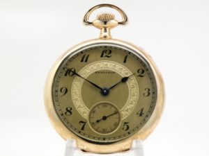 Extra Fine Art Deco Motif Hamilton Pocket Watch The Gentlemen’s Dress Pocket Watch Housed in a Rare Hamilton Yellow Gold Fill Case circa 1921