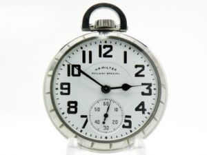 Pristine Hamilton Pocket Watch Railway Special Grade 992B Housed in the Hamilton Model 15 Stainless Steel Case circa 1953