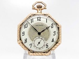 Vintage Art Deco Waltham Pocket Watch the Gentlemen’s Dress Pocket Watch Housed in this 14K Solid Gold Case circa 1924