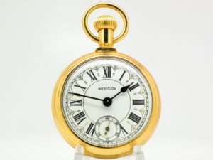 Westclox Pocket Watch the Conductor with Roman Numerals and Train Engraved on Back and Display Stand Included circa 1970s