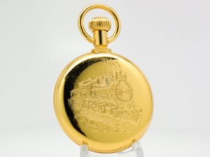 Westclox Pocket Watch the Conductor with Roman Numerals and Train Engraved on Back and Display Stand Included circa 1970s
