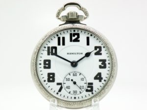 Pristine Hamilton Pocket Watch Railroad Grade 992 Faced with the Boxcar Dial and Housed this Beautiful White GF Railroad Case circa 1919