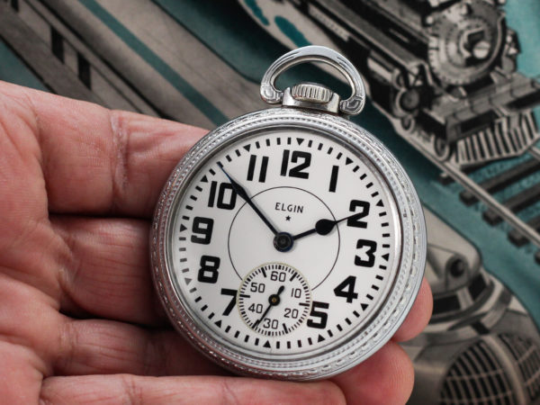 Elgin Pocket Watch Railroad Grade B.W. Raymond Housed in Train Engraved Case