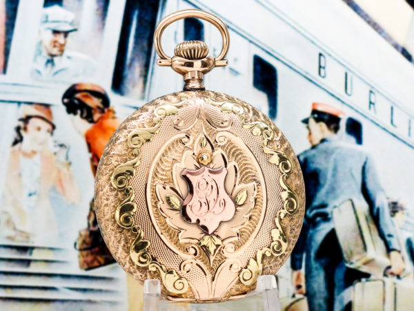 Rockford Solid 14K Gold Hunter Case Pocket Watch with Multi Color Gold Appliqué