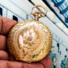 Rockford Solid 14K Gold Hunter Case Pocket Watch with Multi Color Gold Appliqué