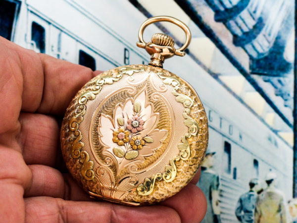 Rockford Solid 14K Gold Hunter Case Pocket Watch with Multi Color Gold Appliqué