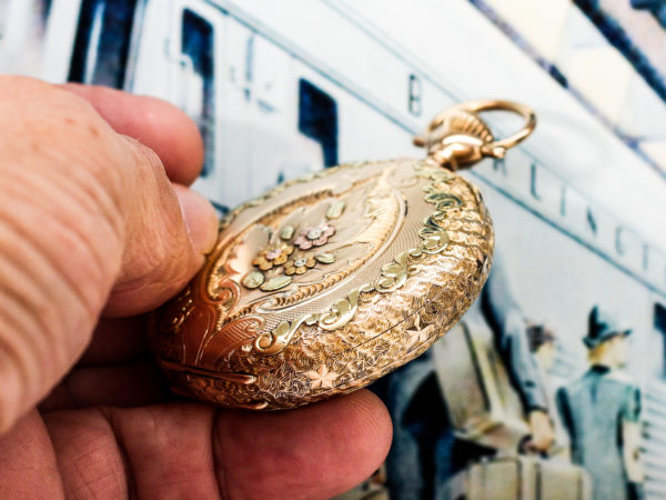 Rockford Solid 14K Gold Hunter Case Pocket Watch with Multi Color Gold Appliqué