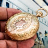 Rockford Solid 14K Gold Hunter Case Pocket Watch with Multi Color Gold Appliqué