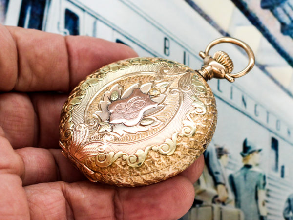 Rockford Solid 14K Gold Hunter Case Pocket Watch with Multi Color Gold Appliqué