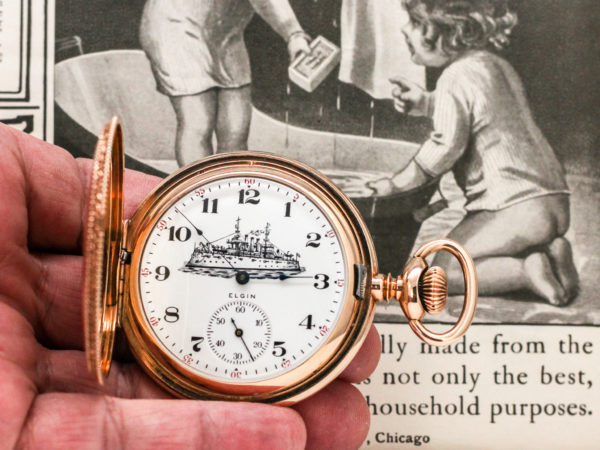Stunning Solid 14K Rose Gold Elgin Pocket Watch Commemorating the USS Maine