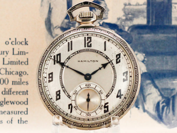 Dial pic of this stunning Grade 912 Model 2 Hamilton dress pocket watch featuring an art deco motif