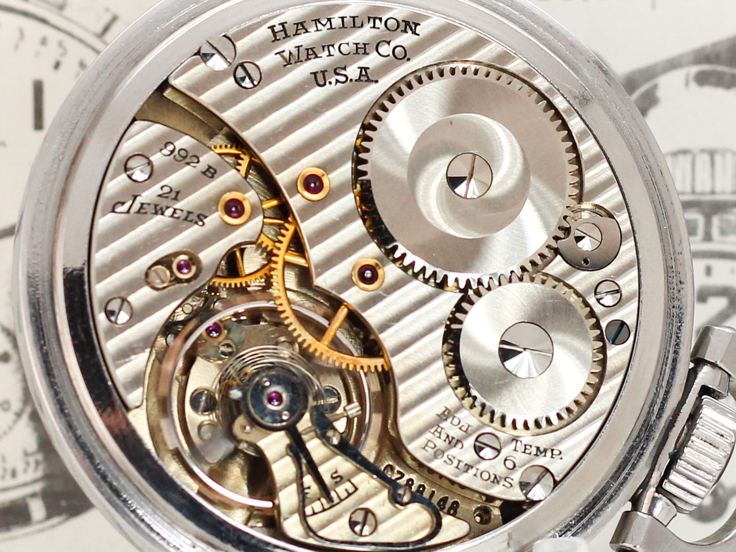 Hamilton watch movement showing damaskened finish